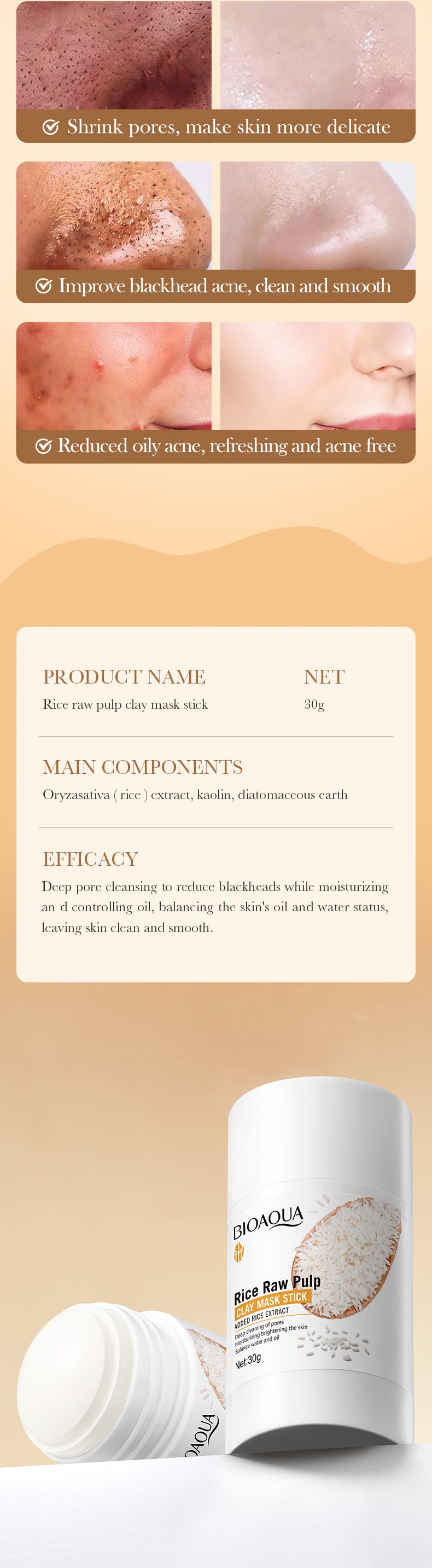 Facial Remove Blackhead Rice Solid Mask Acne Blemish Black Dots Clean Face Shrink Pores Stick Cream Brighten Korean Skincare New