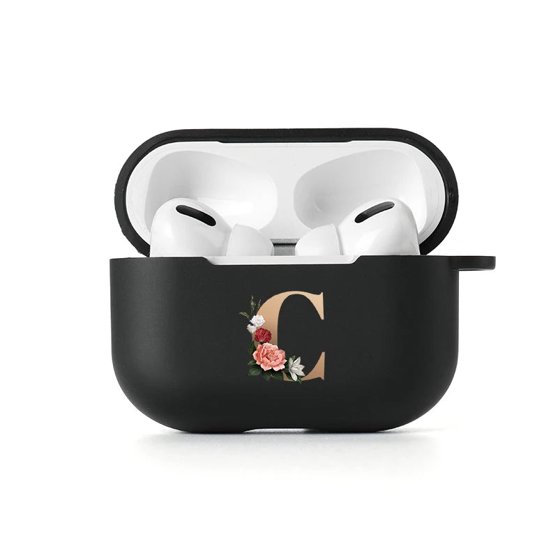 Floral Gold Initial Alphabet Letter Case For Airpods 2 3 Pro Black Silicone Wireless Bluetooth Case Air Pods 3 2 Pro Matte Cover