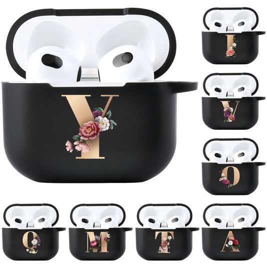 Floral Gold Initial Alphabet Letter Case For Airpods 2 3 Pro Black Silicone Wireless Bluetooth Case Air Pods 3 2 Pro Matte Cover