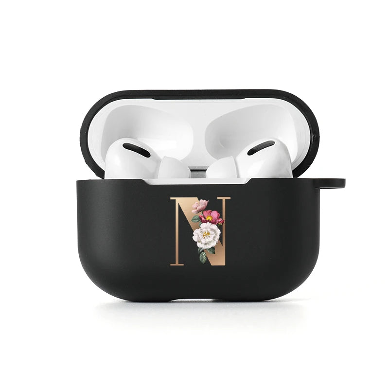 Floral Gold Initial Alphabet Letter Case For Airpods 2 3 Pro Black Silicone Wireless Bluetooth Case Air Pods 3 2 Pro Matte Cover
