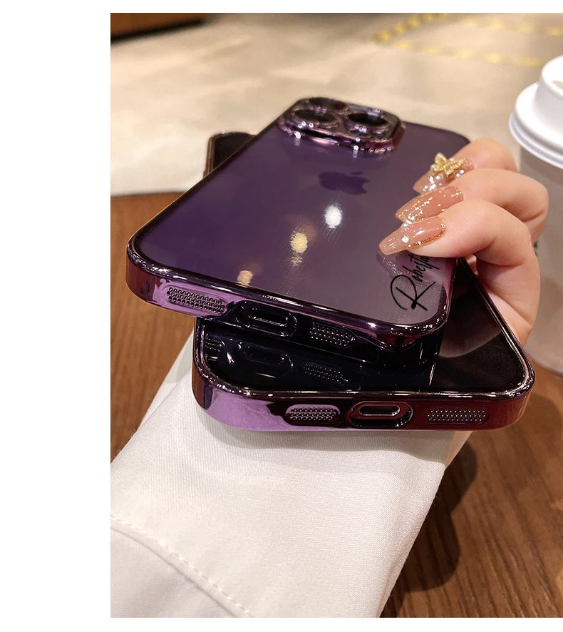 Personalised Name Custom Case For iPhone 16 15 14 13 12 11 Pro Max Luxury Plating Transparent Soft Clear Cover 15 14 13 Pro Max