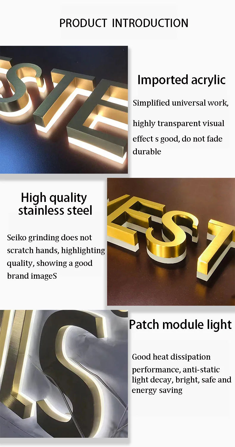 Custom Metal LED Sign Stainless Steel Luminous Lettering Outside Indoor Company Store Logo Wall Decor Illuminated Light Signage