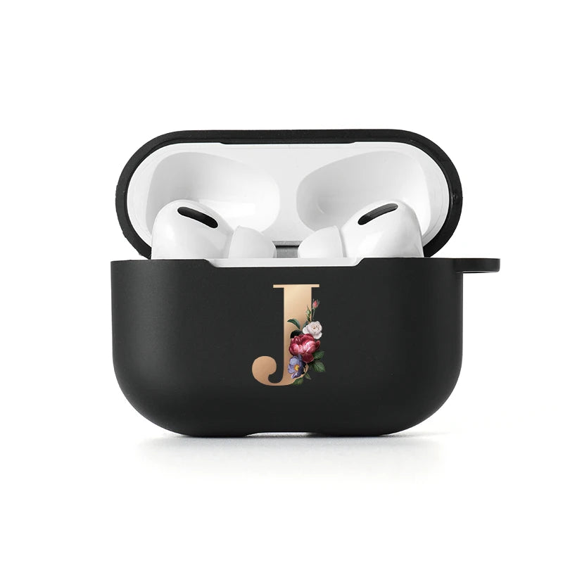 Floral Gold Initial Alphabet Letter Case For Airpods 2 3 Pro Black Silicone Wireless Bluetooth Case Air Pods 3 2 Pro Matte Cover