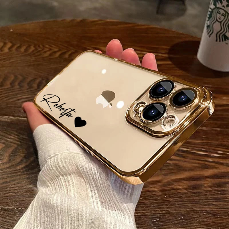 Personalised Name Custom Case For iPhone 16 15 14 13 12 11 Pro Max Luxury Plating Transparent Soft Clear Cover 15 14 13 Pro Max