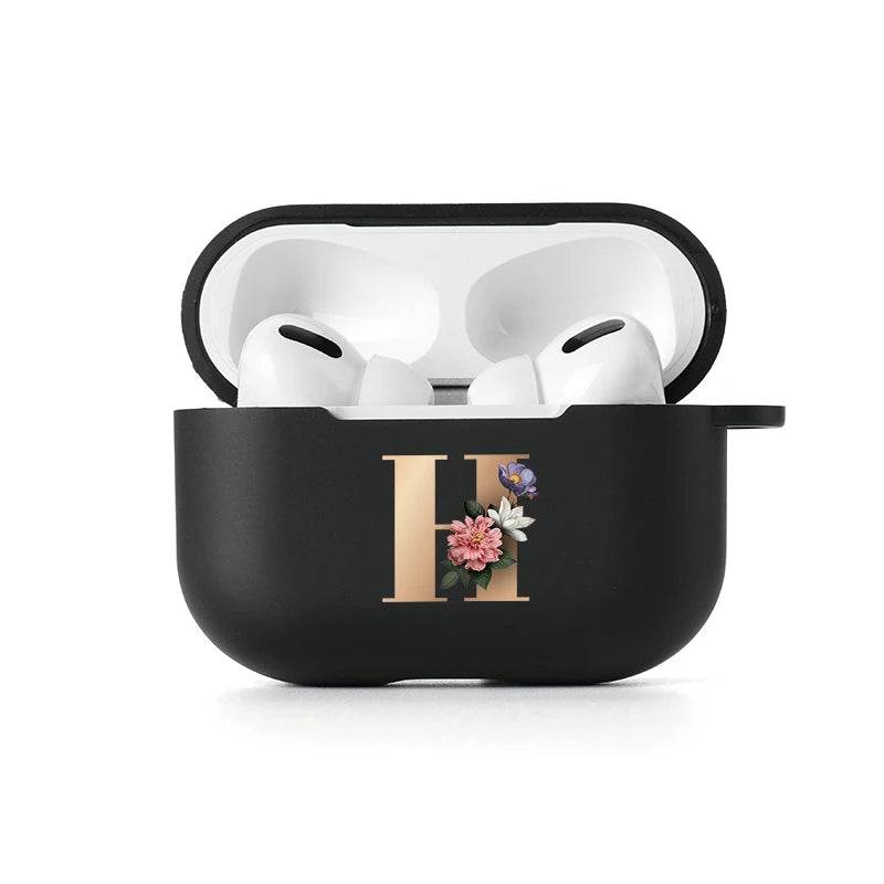 Floral Gold Initial Alphabet Letter Case For Airpods 2 3 Pro Black Silicone Wireless Bluetooth Case Air Pods 3 2 Pro Matte Cover