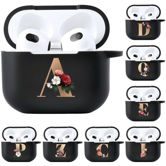 Floral Gold Initial Alphabet Letter Case For Airpods 2 3 Pro Black Silicone Wireless Bluetooth Case Air Pods 3 2 Pro Matte Cover