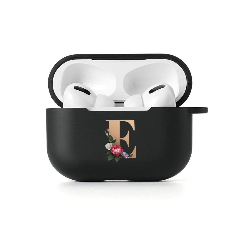 Floral Gold Initial Alphabet Letter Case For Airpods 2 3 Pro Black Silicone Wireless Bluetooth Case Air Pods 3 2 Pro Matte Cover