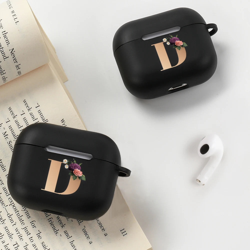 Floral Gold Initial Alphabet Letter Case For Airpods 2 3 Pro Black Silicone Wireless Bluetooth Case Air Pods 3 2 Pro Matte Cover