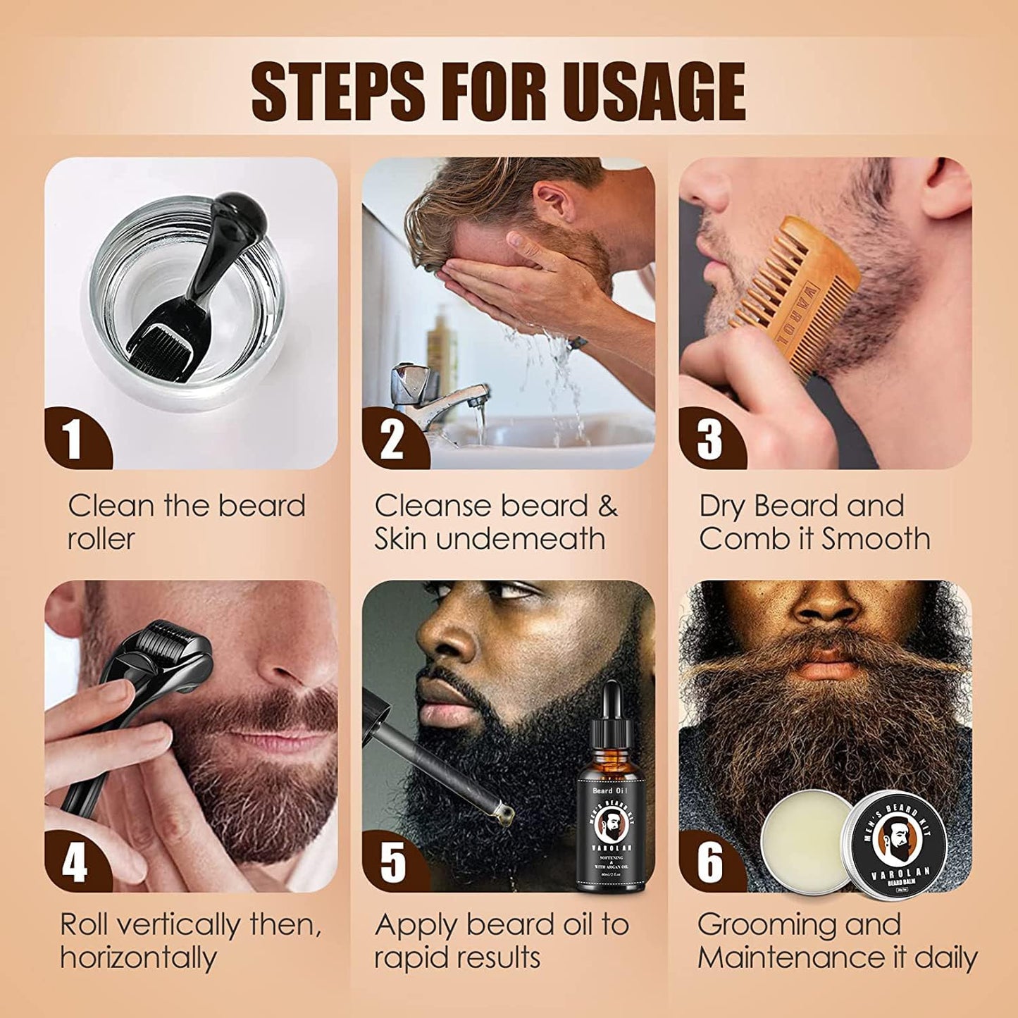 4pcs/set Beard Growth Kit Hair Enhancerbeard Essential Oil Moisturizing Hair Wax Roller Comb For Men Barbe Beard Styling Care
